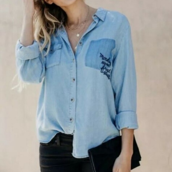 New Denim Chambray Embroidered Button Front Shirt - Picture 5 of 8